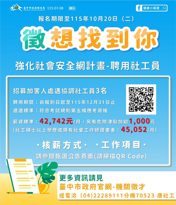 臺中市政府衛生局-強化社會安全網計畫徵才訊息圖片